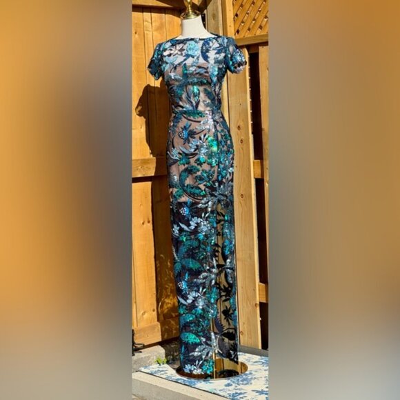 🆕BRONX & BANCO🧿NWOT Zinnia Side-Split Sequin Embroidered Gown, Navy, Sz XS US2 - Picture 11 of 14